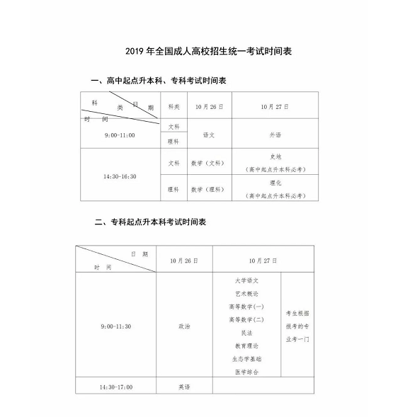 2019年韶关成人高考考试时间