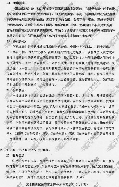 广东省成人高考2014年统一考试专升本艺术概论真题B卷参考答案